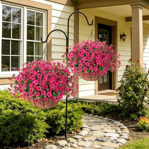 HyeFlora 2 Set Artificial Outdoor Flowers Hanging Basket, Faux Hanging Plants for Outside Spring Decoration, Fake Silk UV Resistant Look Real Daisy for Porch Patio Home Decor - Image 3