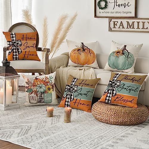 AVOIN colorlife Fall Pumpkin Home Sweet Home Throw Pillow Covers, 20 x 20 Inch Autumn Thankful Grateful Blessed Harvest Floral Decorations for Sofa Couch Set of 4, Blue - Image 2
