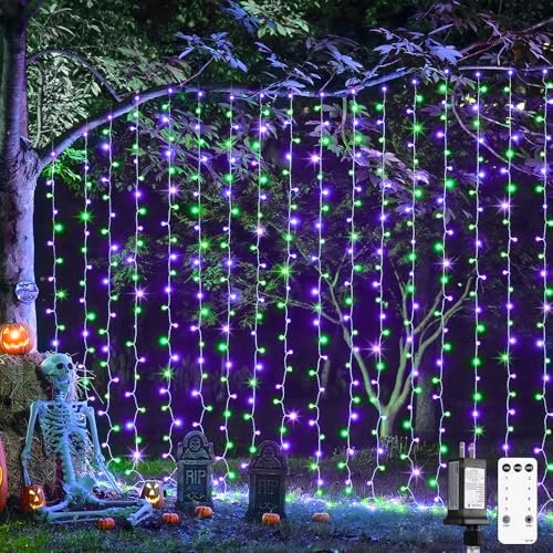 JMEXSUSS 300LED Purple & Green Curtain Lights for Halloween Decor, Plug in by JMEXSUSS