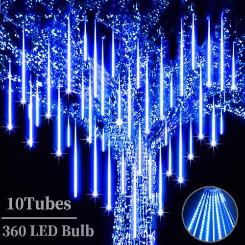 Christmas Meteor Shower Lights Outdoor - 12 Inch 10 Tube 360 LED High Brightness Falling Rain Icicle Cascading Lights for Xmas Tree Eaves Patio Decor (Can Connect 100 Sets) by Roytong