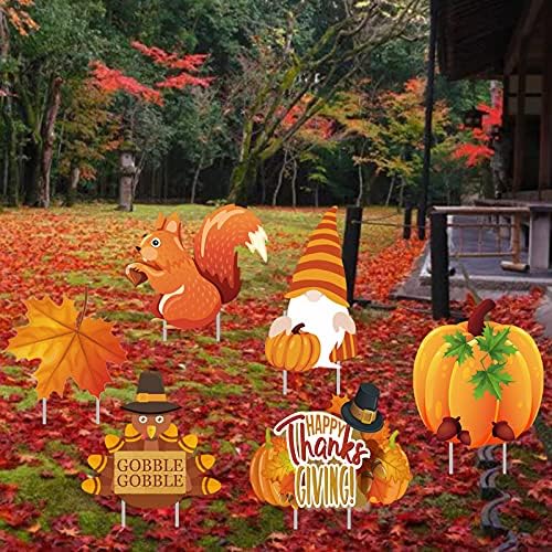 Thanksgiving Yard Signs Stakes - 6PCS Fall Outdoor Decorations - Maple, Squirrel, Turkey, Gnome, Pumpkin Corrugated Lawn Signs for Outside - Image 2