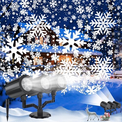 Christmas Projector Lights Outdoor, 2025 Upgraded Triple Head Snowflake Projector High Brightness, Led Dynamic Rotating Snowfall Projection IP65 Waterproof with 16.4ft Cord for Yard Houses Party Decor by Unknown
