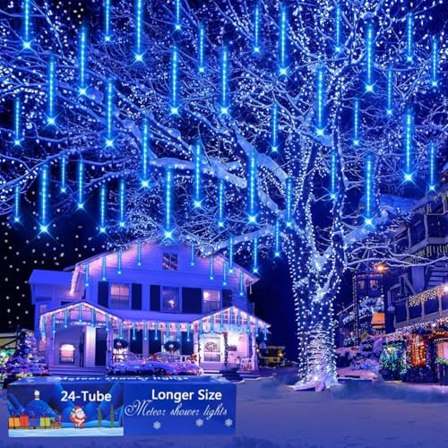 Blue Christmas Lights Outdoor 24 Tubes 576 LED Meteor Shower Icicle Lights by Aokudoni
