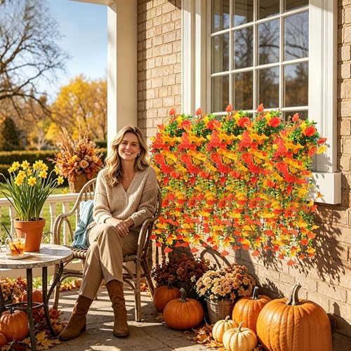 6 Pcs Artificial Hanging Flowers 30 Inch Yellow Orange Morning Glory Vines UV Resistant Fake Hanging Plants Silk Hanging Flowers for Outdoor Fall Autumn Thanksgiving Garden Patio Window Decor - Image 4
