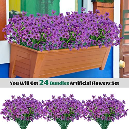 24 Pcs Artificial Flowers for Outdoor, Plastic Fake Flowers Decor, Purple - Image 3