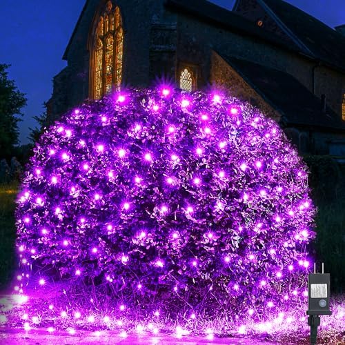 WBao Halloween Lights Outdoor 200LED 8.4ft x 5.2ft Purple Net Lights with 8 Modes, Timer, UL Certified, Connectable, Waterproof & Dark Green Wire for Lawn, Bushes, Trees, Outdoor Halloween Decorations by WBaoOfficial
