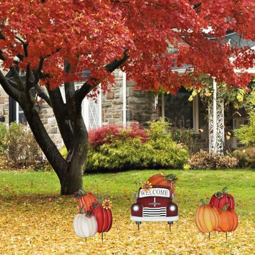 YEAHOME Fall Decorations Outdoor,Multiple Stacked Pumpkin Truck Decorative Garden Stakes for Fall Decor, Autumn Metal Yard Signs for Home Outside Garden Lawn Porch, Thanksgiving Decorations Outdoor - Image 4