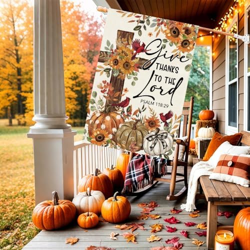 Baccessor Give Thanks To The Lord House Flag 28x40 Inch Double Sided,Cardinal Cross Thanksgiving Day Outside Outdoor Seasonal Burlap Pumpkin Large Garden Flags Home Yard Porch Patio Decoration - Image 3