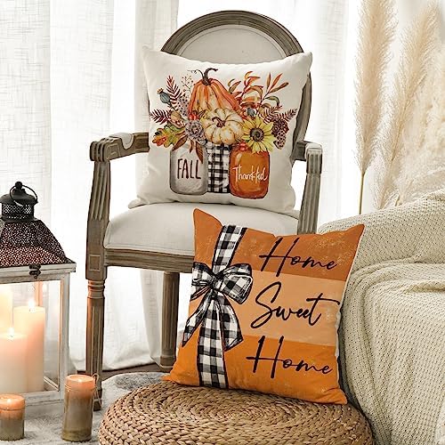 AVOIN colorlife Fall Pumpkin Home Sweet Home Throw Pillow Covers, 16 x 16 Inch Autumn Thankful Grateful Blessed Harvest Floral Orange Decorations for Sofa Couch Set of 4 - Image 4