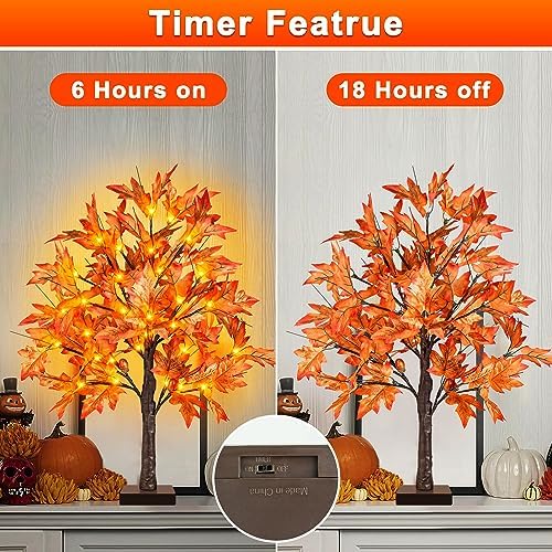 2 Pack 24 Inch Fall Lighted Maple Tree with 72 LEDs, 144 Leaves, 12 Acorns, Timer Battery Operated, 2Ft Thanksgiving Decorations Table Lights Tree for Autumn Wedding Party Gift Indoor Harvest Home - Image 2
