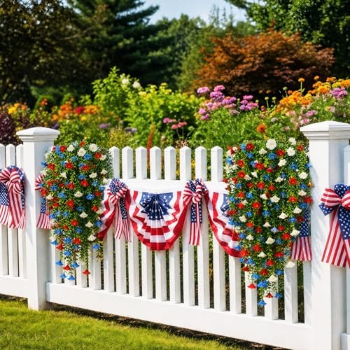 6 Pcs Artificial Hanging Morning Glory Flowers, Red White and Blue Patriotic Hanging Plants, 30 Inch Independence Day Decorations for Outside Porch Patio Outdoor Home Decor - Image 6