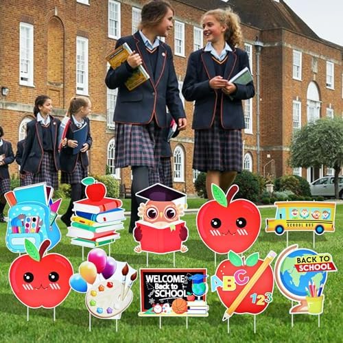 10-Piece Set Back to School Yard Signs with Stakes, Assorted Apple, Owl, and School Bus Designs for Outdoor Garden and Lawn Decoration, 11.7 x 11.8 Inches Plastic Signs for Welcome School Party Favor - Image 6