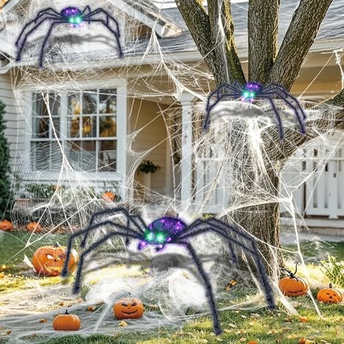 HOYECHI 3-Piece Lighted Halloween Spider - Holiday Decorations Outdoor Set of 3 Spider with 35 LED Lights for Front Yard Porch Gardens Party Outside Halloween Decor - Black by HOYECHI