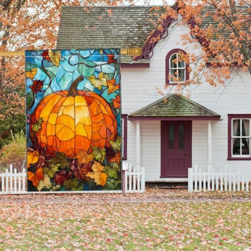Fall Garden Flag For Outdoor Decor Thanksgiving Garden Flags Autumn Stained Glass Pumpkin Maple Leaf Double Sided Small Burlap Outside Porch Lawn Yard Flags Decorations 28X40 Inch - Image 5