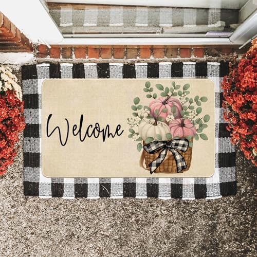 Fall Door Mat Outside,Pumpkin Eucalyptus Welcome Mat for Front Door,Thanksgiving Autumn Indoor Outdoor Non-Slip Rugs,Fall Doormat for Farmhouse Home Porch Decorations (Pink 30" x 17") - Image 2