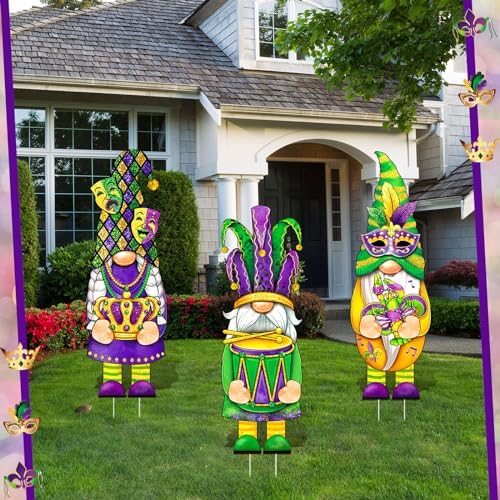 Umigy 3 Pcs Mardi Gras Yard Decor Carnival Day Gnome Outdoor Sign with Stakes Gold Green Purple Gnome Lawn Sign Sweet Yard Decor for Home Pathway Walkway - Image 5