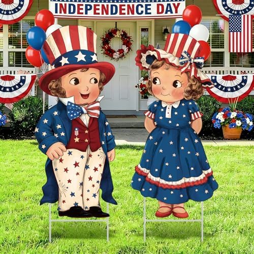 Beeveer 2 Pcs 4th of July Decorations Vintage Patriotic Yard Decor Outdoor 250th Anniversary Memorial Day Yard Sign with Stakes Front Door Hanging Sign for Porch Door Garden Patio Lawn Party Supplies by Beeveer