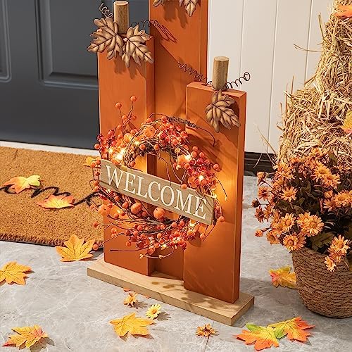 Glitzhome 30" H Farmhouse Wooden Pumpkin Sign with Wreath, Rustic Welcome Fall Porch Sign Standing Decor for Fall Harvest Autumn Thanksgiving Home or Yard - Image 5