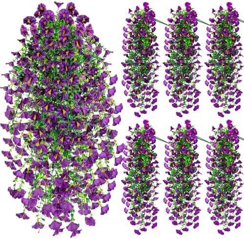 6 Pcs Artificial Hanging Flowers 30 Inch Purple Lavender Violet Morning Glory Vines UV Resistant Fake Hanging Plants Silk Hanging Flowers for Outdoor Spring Summer Garden Window Box Decor by Sariiraw
