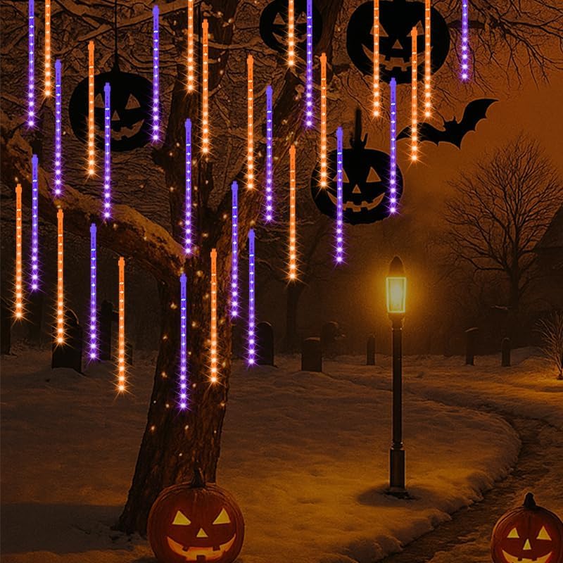 LAMPHOME Halloween Lights Outdoor,12-inch LED Meteor Shower Icicle Lights, 10 Tubes 240 LED String Lights. Waterproof Plug, Shower Rain for Xmas Tree Yard House Decor Purple&Orange - Image 7