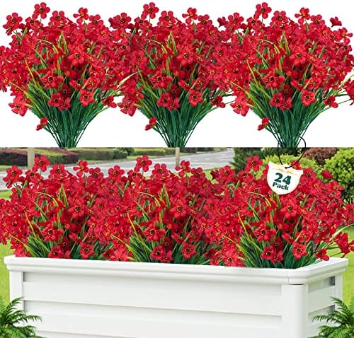 24 Pcs Artificial Flowers for Outdoor, Plastic Fake Flowers Decoration, Red by Lnoicy
