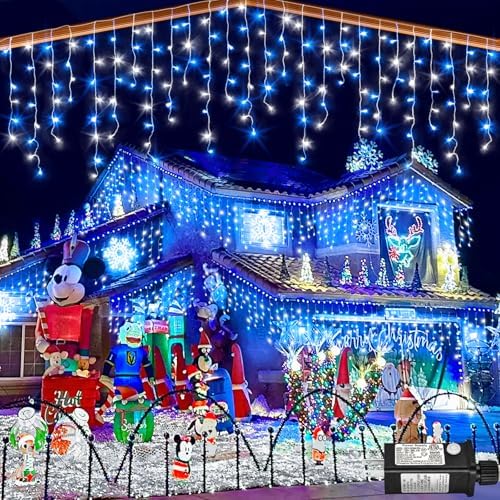 66ft Icicle Lights for Outside, Blue and White Christmas Lights Outdoor Indoor, 640 LED Twinkle String Light with 120 Drops Short Curtain Lights for Thanksgiving Room Home Wall Bedroom Window Decor by Nielfoi