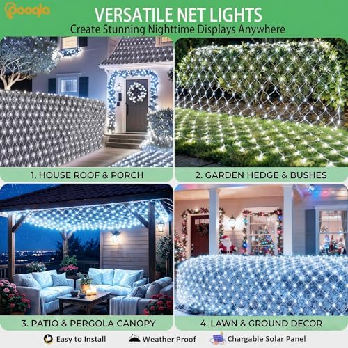 Pooqla Solar Net Lights, 10x10ft 280LED Gazebo Net Lights Outdoor with 8 Modes, Solar & USB Powered Waterproof String Lights Clear Wire, Chandelier for Pergolas, Patio, Bush, Backyard Decor Cool White - Image 6