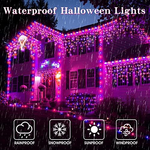 Halloween Icicle Lights Outdoor, 512 LED 46.5 FT 8 Lighting Modes with Timer & Memory, Curtain Fairy String Lights With 96 Drops for Halloween Decorations Holiday Party Eaves Yard (Purple & Orange) - Image 3