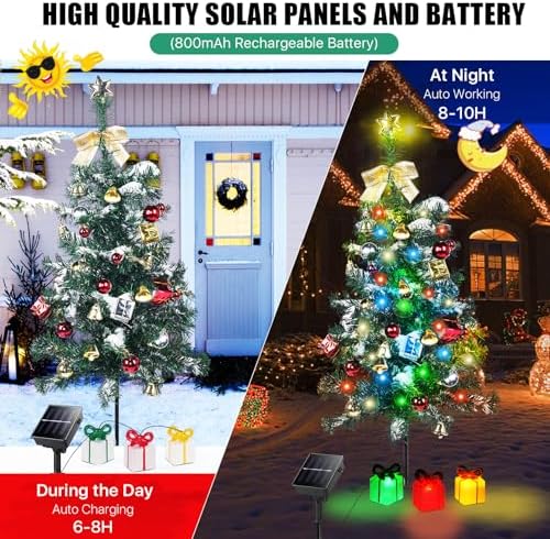 Aukora Solar Christmas Tree Lights Outside Decorations 31 in,8 Modes Christmas Light Outdoor Waterproof with 23 Xmas Accessories & 3 Gifts Box Lights for Garden Pathway Cemetery Decorations,2Pack - Image 2