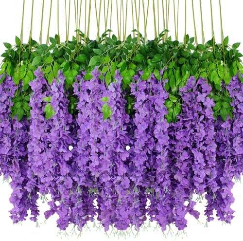 36pcs Artificial Wisteria Flowers 3.6 Feet/Piece Purple Dense Artificial Fake Wisteria Vine Ratta Hanging Garland Silk Flowers String Home Party Wedding Decor（Purple-Dense） by HanYun