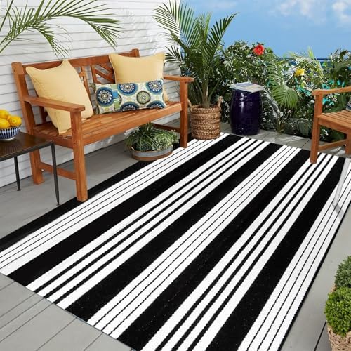 OJIA Outdoor Rugs 5'x7' Patio Rug Washable Carpet Black & White Camping Rug - Image 4