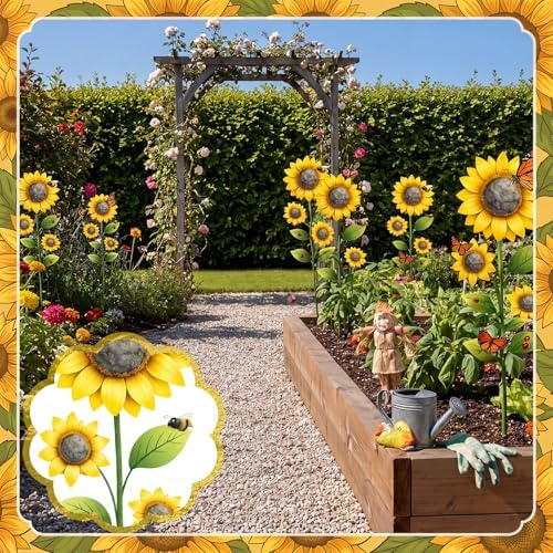4 Pcs Garden Decor for Outside 15.7'' Metal Sunflower Garden Sign - Image 3
