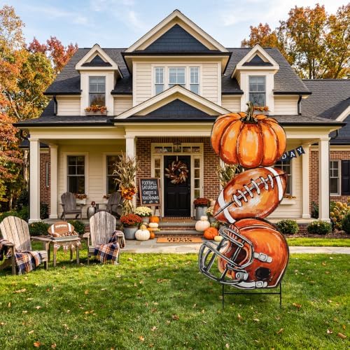 Weysat Fall Football Outdoor Decor Metal Pumpkin Football Yard Sign Porch - Image 3