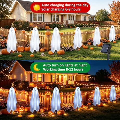 Solar Ghost Lights for Outdoor Halloween Decoration, Set of 6 Scary Spooky Pathway Lights for Trick or Treat Outside Garden Grave Lawn Porch Yard Halloween Party Decor, Cool White - Image 5