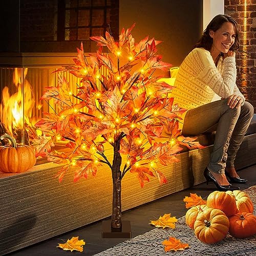 FastDeng 2FT Fall Lighted Maple Tree, 24 Inch Tabletop Artificial Tree with 36 LED Lights, 72 Leaves, 6 Acorn, Timing Battery Operated with Burlap Base for Indoor Autumn Harvest Home Decor - Image 6