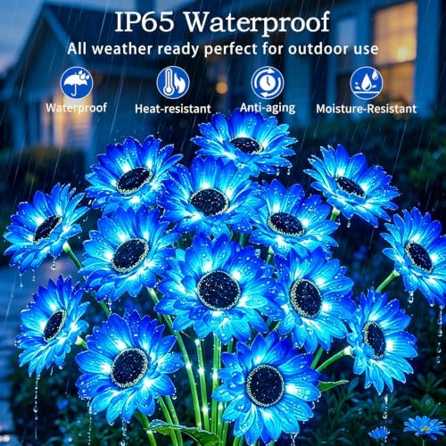 MRHEPHAESTUS Solar Garden Lights Outdoor, 4 Pack Solar Blue Sunflower Lights with 18 Head 3.5 Inch Flowers, Waterproof Flowers Light Fall Decor Auto ON/Off for Garden Yard Patio, Gifts for Mom Women - Image 4