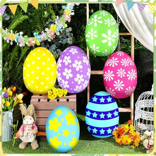 18 Pieces 12 Inch Inflatable Easter Eggs Easter Outdoor Yard Decoration Large Inflatable Hanging Eggs Ornaments Giant PVC Kids Toys for Garden Lawn Party Decor - Image 2