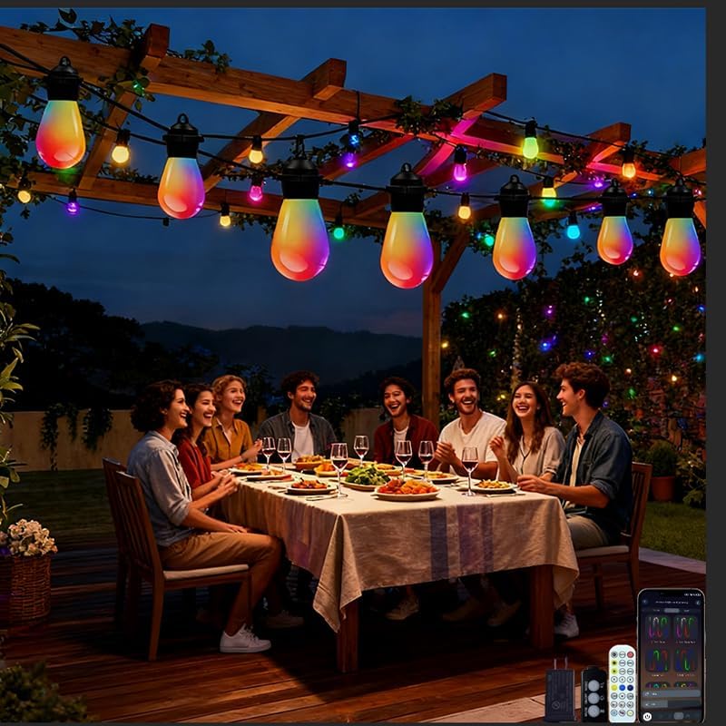 Outdoor String Lights S14, Smart Patio Lights with 15 Shatterproof LED Bulbs, APP & Remote Control, 213 Scene Modes, IP67 Waterproof for Garden, Wedding, Party, Camping by Unknown
