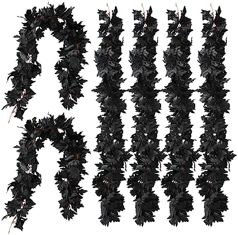 PARTY JOY Black Artificial Maple Leaf Garland - 6PCS 5.6Ft Halloween Decor, Gothic Fall Vines for Front Porch, Thanksgiving Autumn Table Centerpiece & Wall Hanging by Unknown