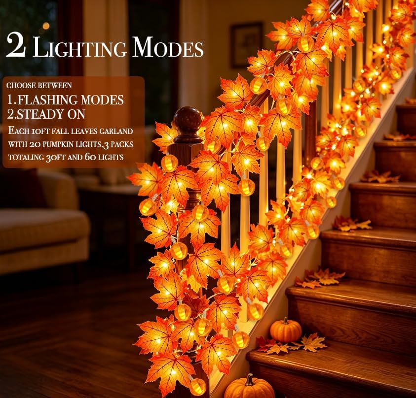 3 Pack Fall Garland with Pumpkin Lights Enlarged Maple Leaves 30Ft 60LED - Image 4