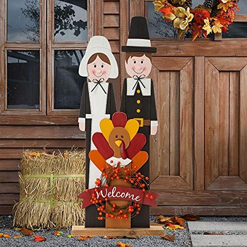 Glitzhome 36''H Thanksgiving Pilgrim Couple with Turkey Porch Sign, Farmhouse Wooden Welcome Sign Standing Porch Decor for Fall Harvest Autumn Thanksgiving - Image 3