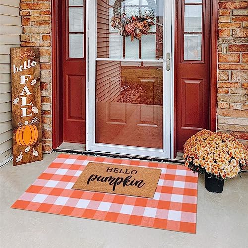 Fall Plaid Area Rug 3x5 Ft, Orange and White Buffalo Check Large Farmhouse Cotton Rug, Hand-Woven Washable Indoor Outdoor Carpet for Halloween Thanksgiving Autumn Porch Patio Decor - Image 4