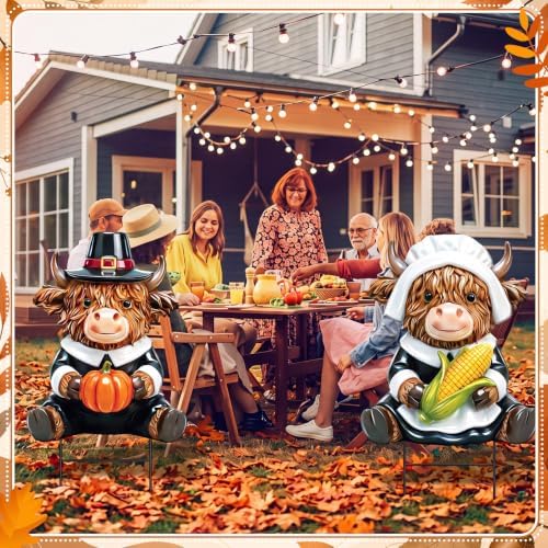 Amyhill 2 Pcs Thanksgiving Pilgrim Highland Cow Metal Garden Stakes Cow Figurines Outdoor Yard Decorations with Stakes Calf Statue Gifts Farmhouse Decor Sign for Home Lawn Porch Backyard Holiday Decor - Image 4