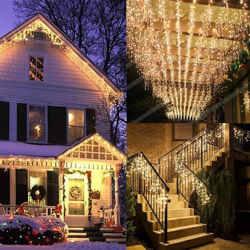LED Icicle Lights, 8 Modes 16.4FT 112 LEDs Christmas Short Curtain Fairy Hanging Ceiling Extendable Lights for Wedding Balcony Doorway Outdoor Indoor Decoration Warm White, 5M04 - Image 3