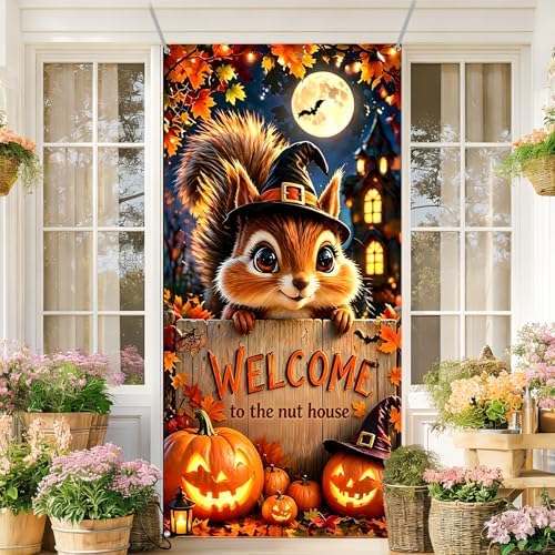 Halloween Door Cover 35.4x70.8in, Cute Squirrel Witch Hat Welcome to The Nut House Front Porch Banner, Jack-o-Lantern Pumpkin Fall Backdrop for Indoor Outdoor Home Yard Decorations - Image 7