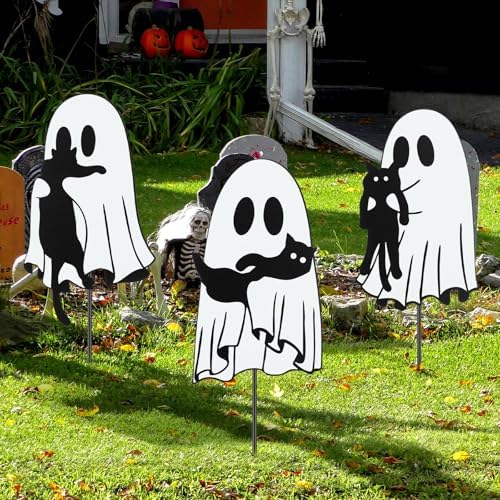 Metal Ghost with Black Cat Garden Stakes, 3 Pcs Halloween Yard Decor by Lingvee