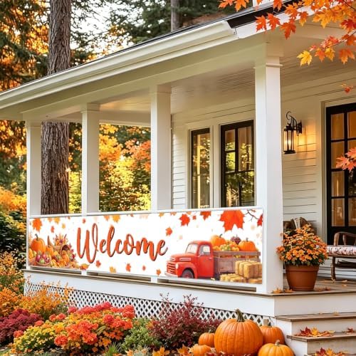 Welcome Fall Banner Happy Fall Yard Banner Pumpkin Red Truck Outdoor Decor - Image 4