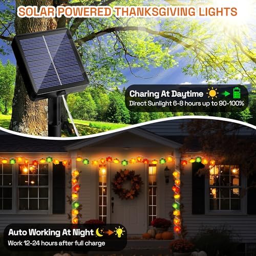 Solar Fall Lights Outdoor 17.4Ft 3D Acorn Pumpkin Maple Leaf String Lights, 8 Modes Thanksgiving Lights Fall Decor Thanksgiving Decorations for Outdoor - Image 4
