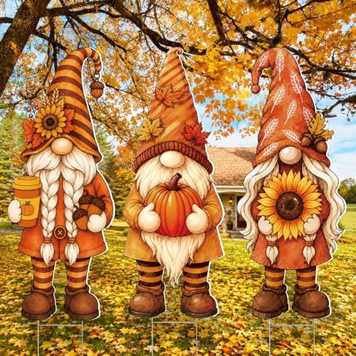 3 Pcs Fall Yard Decoration Autumn Gnome Yard Sign Stakes Outdoor Lawn Decor by Togvu