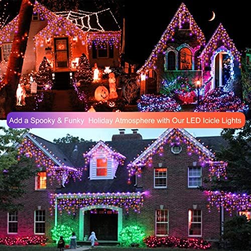 Halloween Icicle Lights Outdoor, 512 LED 46.5 FT 8 Lighting Modes with Timer & Memory, Curtain Fairy String Lights With 96 Drops for Halloween Decorations Holiday Party Eaves Yard (Purple & Orange) - Image 6